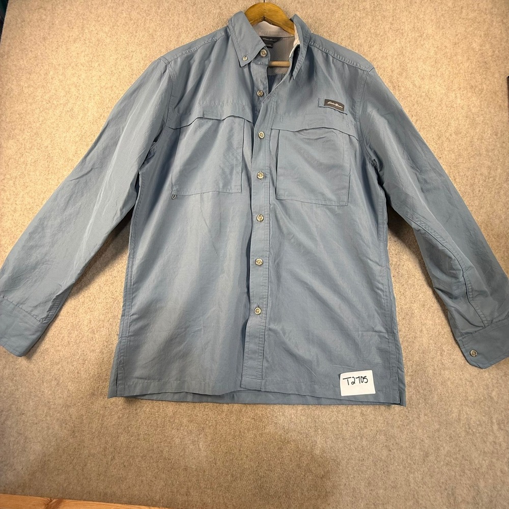 Eddie Bauer Mens Medium Blue Ripstop Long Sleeve Fishing Shirt Ventilated PR5700